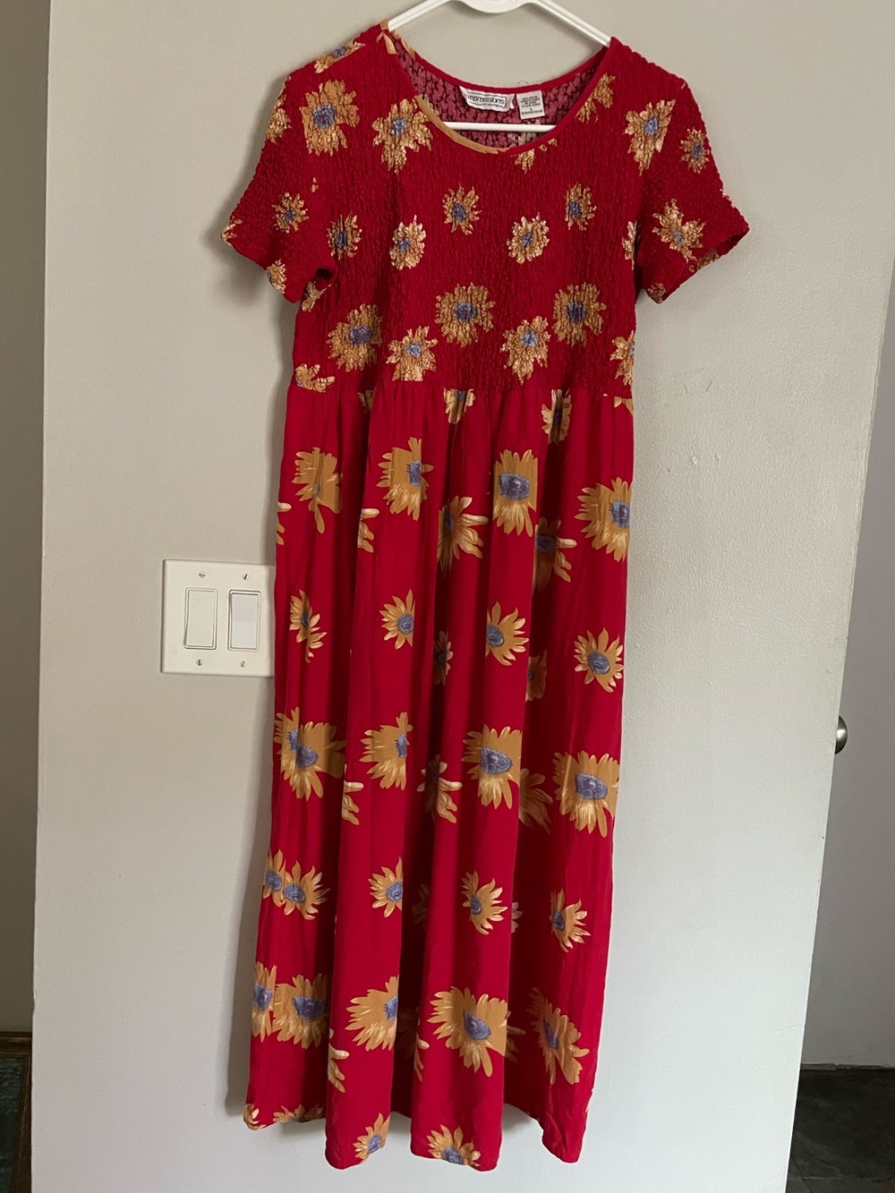 Vtg 90s Impressions of California Sunflower Smoked Popcorn Midi Red Dress Sz L
